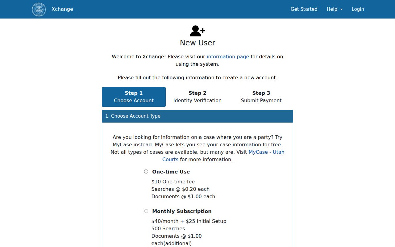 Xchange account and document pricing reference for Box Elder County case searches