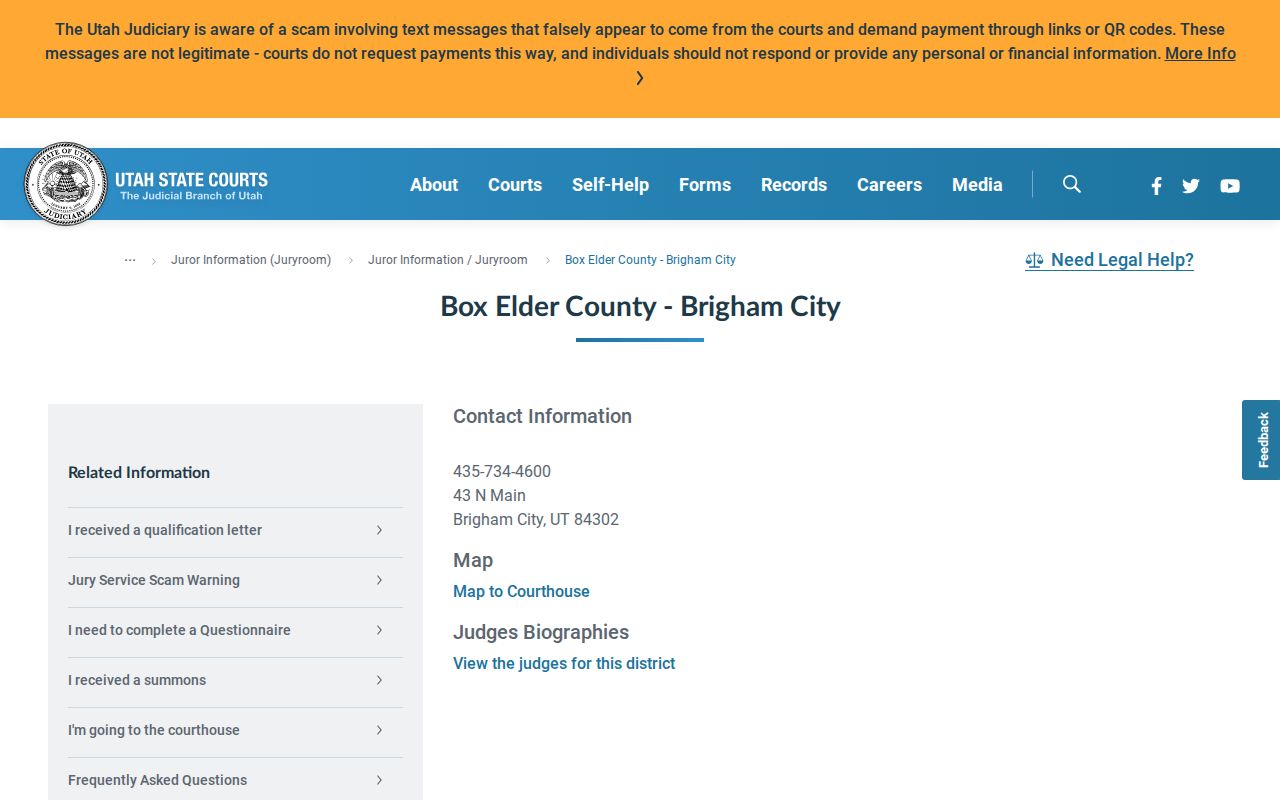 First District courthouse contact page for a Box Elder County warrant matter