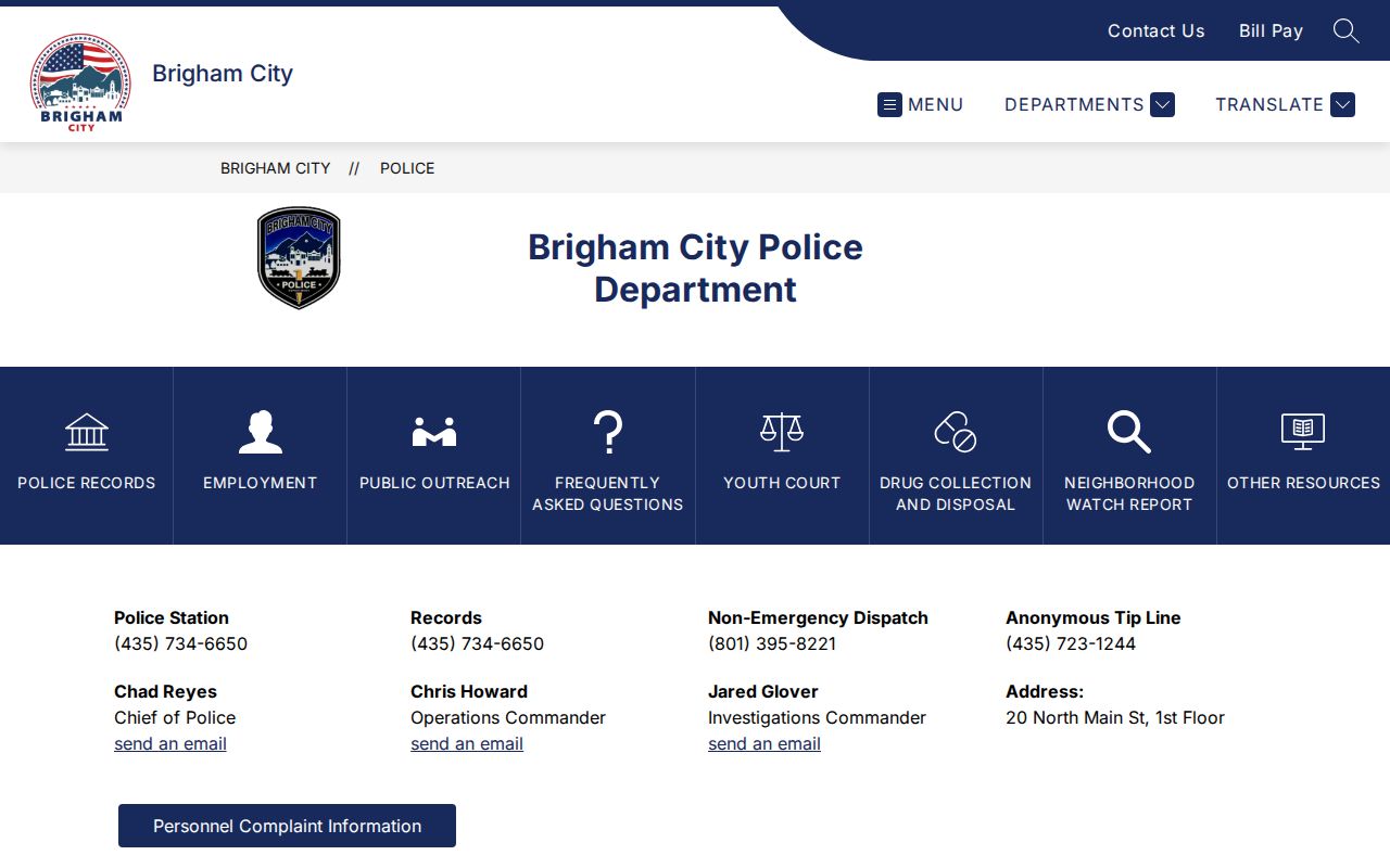 Brigham City Police contact page for Brigham City warrant and police-record routing