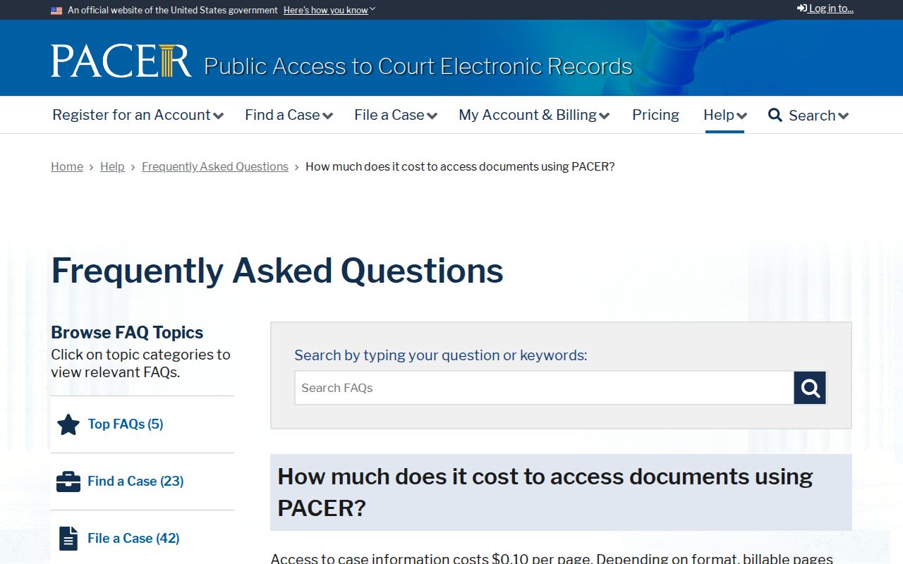 PACER federal document fee table for distinguishing federal records from Box Elder County warrants