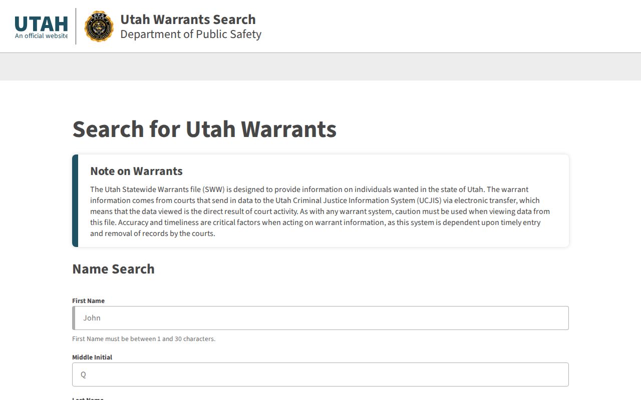 Utah Statewide Warrants landing page used for a Box Elder County warrant check