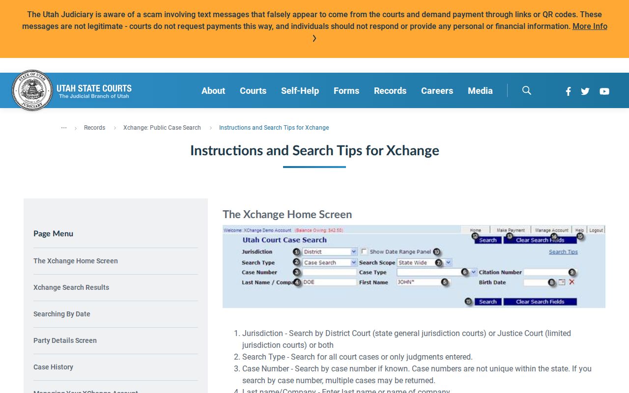 Xchange court case search fields for checking a Box Elder County warrant case